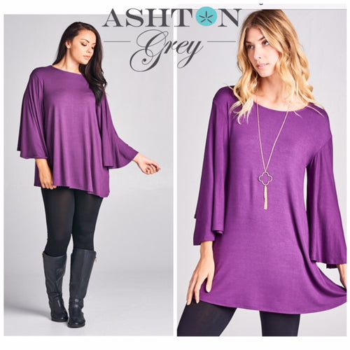 Solid Jersey Tunic Top Bell Sleeve Violet S-3X