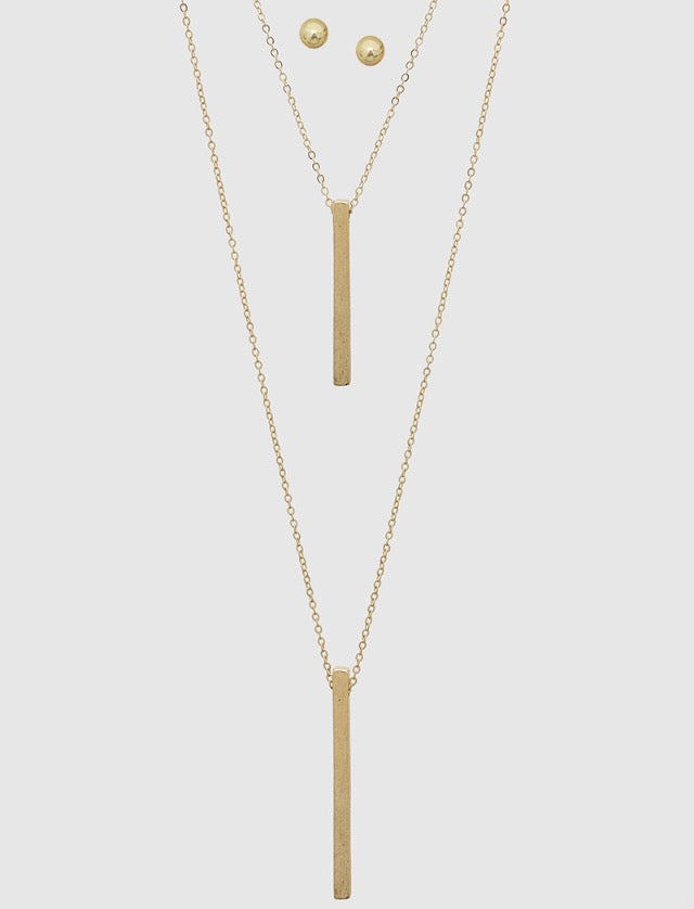 Metal Bar Double Layered Long Necklace/Earring Set
