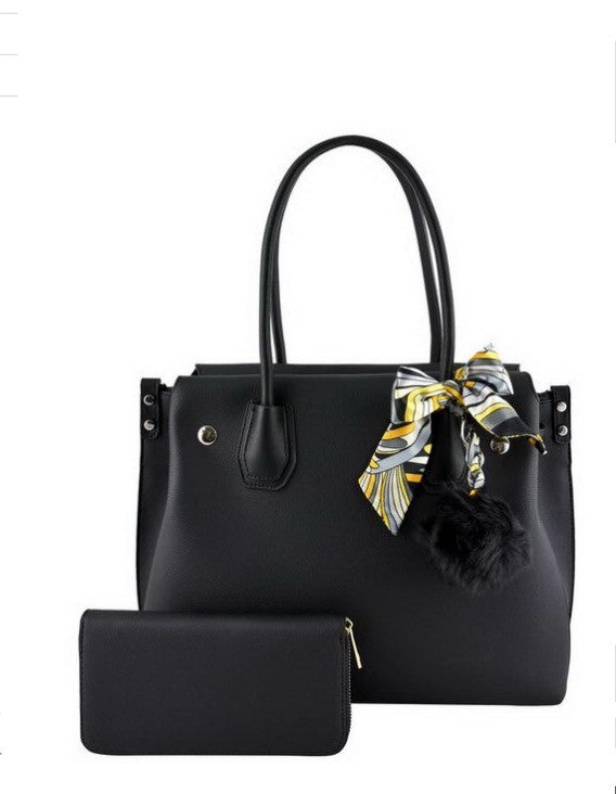 Handbag with scarf & pompom detail (Black) Wallet Included