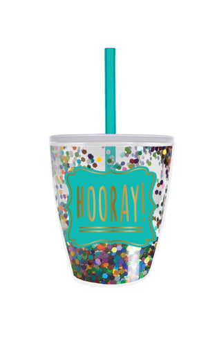 10 OZ Celebrate Hooray cup with straw and glitter confetti
