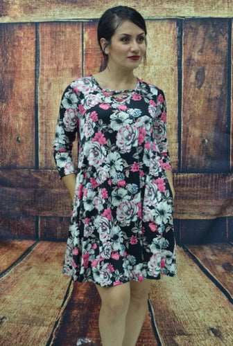 Floral Swing Dress with Criss Cross neckline