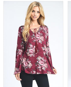 Burgundy floral tassel top Made in USA