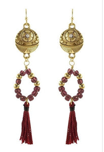 Burnished Gold & burgundy Tassel Earrings Lead & Nickel Free
