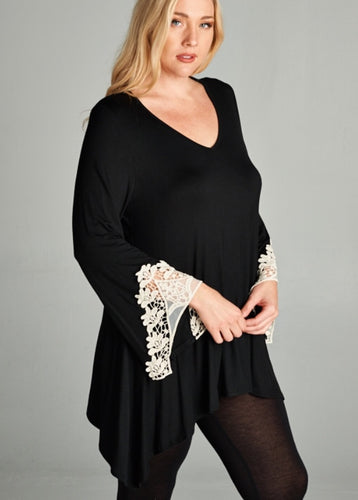 Black with ivory flower lace detail...Plus size top sizes 1X-3X Trapeze Top Bell Sleeves