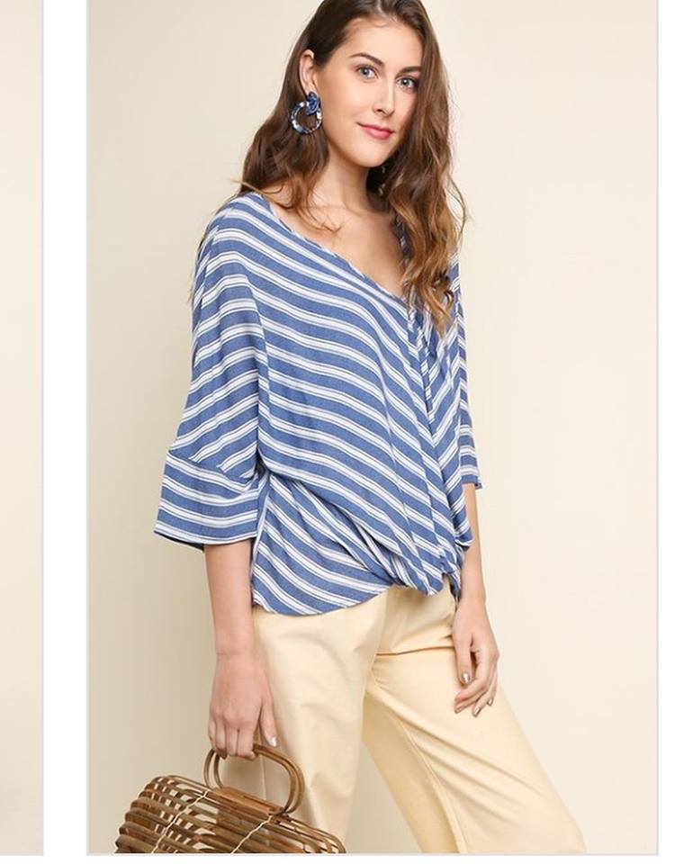 Umgee Chambray and white top striped 3/4 length sleeves top