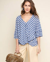 Umgee Chambray and white top striped 3/4 length sleeves top